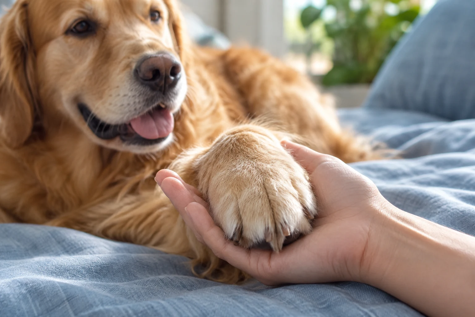 An owner gently holding their dog’s paw over soft blue linen